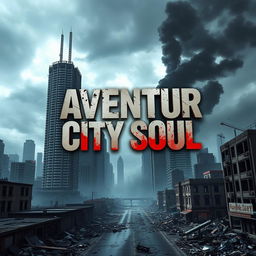 An impactful video game cover for 'Aventur City Soul,' showcasing a destroyed cityscape in an apocalyptic style