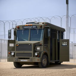 A robust penitentiary transport bus, designed with high-security measures, featuring barred windows and reinforced doors, against a backdrop of the prison facility.