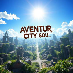 An engaging video game cover for 'Aventur City Soul,' depicting a sprawling, destroyed cityscape in an apocalyptic setting, now being reclaimed by nature