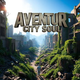 An engaging video game cover for 'Aventur City Soul,' depicting a sprawling, destroyed cityscape in an apocalyptic setting, now being reclaimed by nature