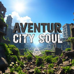 An engaging video game cover for 'Aventur City Soul,' depicting a sprawling, destroyed cityscape in an apocalyptic setting, now being reclaimed by nature