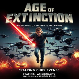 A dynamic 1960s vintage movie poster for 'Age of Extinction,' showcasing the title in large, bold metallic letters at the top