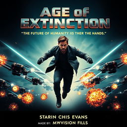 A dynamic 1960s vintage movie poster for 'Age of Extinction,' showcasing the title in large, bold metallic letters at the top