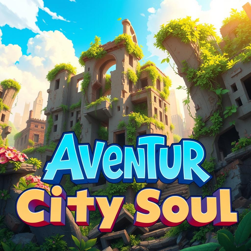 An animated-style video game cover for 'Aventur City Soul,' depicting a vibrant yet destroyed cityscape set in an apocalyptic environment, beautifully overtaken by lush greenery