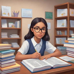 A cartoon-style depiction of a diligent high school girl wearing glasses, deeply engrossed in studying inside her personalized study room filled with textbooks.