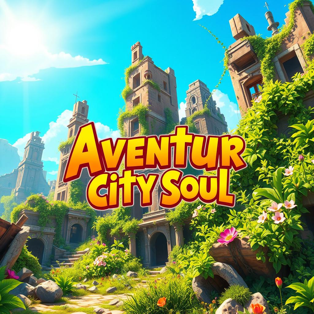 An animated-style video game cover for 'Aventur City Soul,' depicting a vibrant yet destroyed cityscape set in an apocalyptic environment, beautifully overtaken by lush greenery