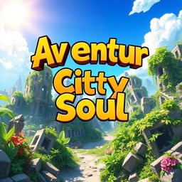 An animated-style video game cover for 'Aventur City Soul,' depicting a vibrant yet destroyed cityscape set in an apocalyptic environment, beautifully overtaken by lush greenery