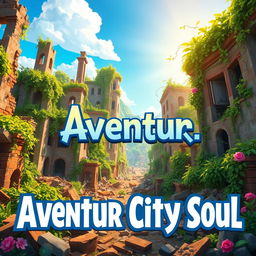 An animated-style video game cover for 'Aventur City Soul,' depicting a vibrant yet destroyed cityscape set in an apocalyptic environment, beautifully overtaken by lush greenery