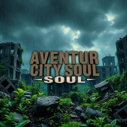 A striking video game cover for 'Aventur City Soul,' reflecting a survival and soul genre set in a destroyed cityscape within an apocalyptic context