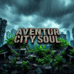 A striking video game cover for 'Aventur City Soul,' reflecting a survival and soul genre set in a destroyed cityscape within an apocalyptic context