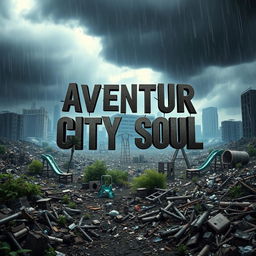 A captivating video game cover for 'Aventur City Soul,' illustrating a gritty survival and soul genre set in a devastated, apocalyptic city environment
