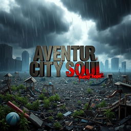 A captivating video game cover for 'Aventur City Soul,' illustrating a gritty survival and soul genre set in a devastated, apocalyptic city environment