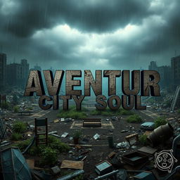 A captivating video game cover for 'Aventur City Soul,' illustrating a gritty survival and soul genre set in a devastated, apocalyptic city environment