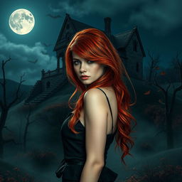 A stunning red-headed woman stands confidently in the foreground, gazing out with a captivating expression