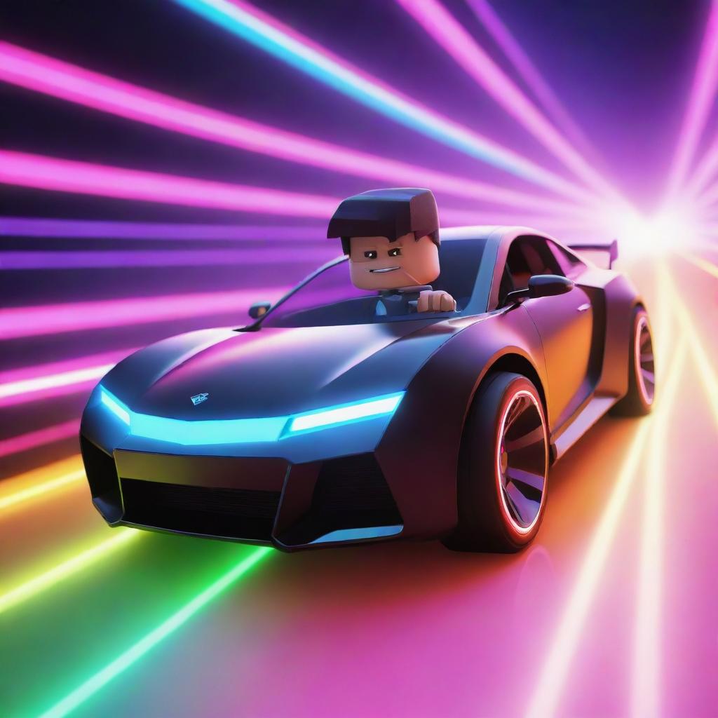 A vibrant image of a Roblox boy character driving a sleek car against a high-energy neon background electrified with bright, contrasting colors.