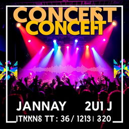 A vibrant and dynamic concert poster featuring a live band performing on stage with bright, colorful stage lights illuminating the scene