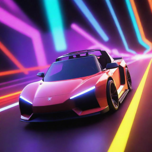 A vibrant image of a Roblox boy character driving a sleek car against a high-energy neon background electrified with bright, contrasting colors.