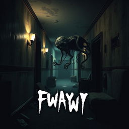 A chilling horror video game cover featuring an eerie zombie plant creature lurking in a dark and dirty hotel hallway