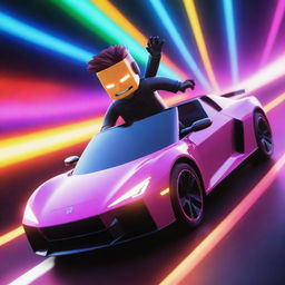 A vibrant image of a Roblox boy character driving a sleek car against a high-energy neon background electrified with bright, contrasting colors.