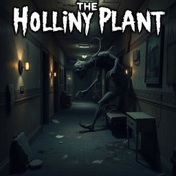 A chilling horror video game cover featuring an eerie zombie plant creature lurking in a dark and dirty hotel hallway