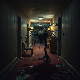 A terrifying horror scene featuring a grotesque zombie plant lurking in a dark and dirty hotel hallway