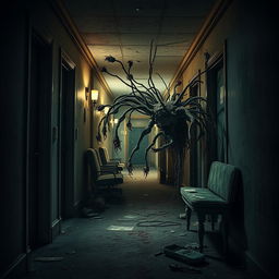 A terrifying horror scene featuring a grotesque zombie plant lurking in a dark and dirty hotel hallway