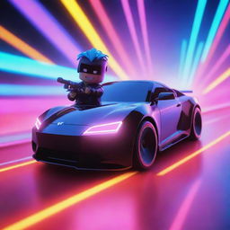 A vibrant image of a Roblox boy character driving a sleek car against a high-energy neon background electrified with bright, contrasting colors.