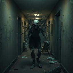 A terrifying horror scene featuring an infected zombie entwined with grotesque plant-like growths in a dark and filthy hotel hallway