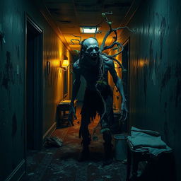 A terrifying horror scene featuring an infected zombie entwined with grotesque plant-like growths in a dark and filthy hotel hallway