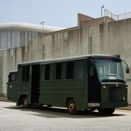 A robust penitentiary transport bus, designed with high-security measures, featuring barred windows and reinforced doors, against a backdrop of the prison facility.