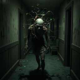 A terrifying horror scene featuring an infected zombie entwined with grotesque plant-like growths in a dark and filthy hotel hallway