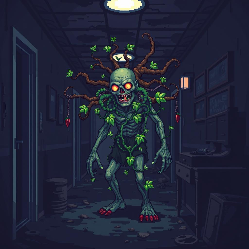 A pixel art horror video game scene featuring a grotesque infected zombie entwined with plant-like growths in a dark and filthy hotel hallway