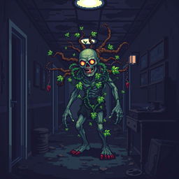 A pixel art horror video game scene featuring a grotesque infected zombie entwined with plant-like growths in a dark and filthy hotel hallway