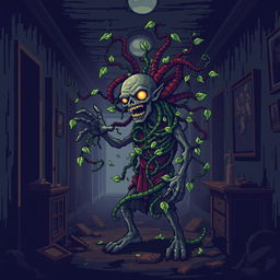 A pixel art horror video game scene featuring a grotesque infected zombie entwined with plant-like growths in a dark and filthy hotel hallway