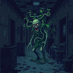 A pixel art horror video game scene featuring a grotesque infected zombie entwined with plant-like growths in a dark and filthy hotel hallway