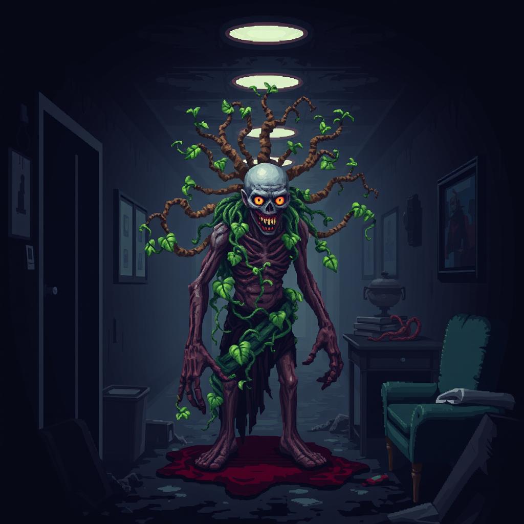 A pixel art horror video game scene featuring a grotesque infected zombie entwined with plant-like growths in a dark and filthy hotel hallway