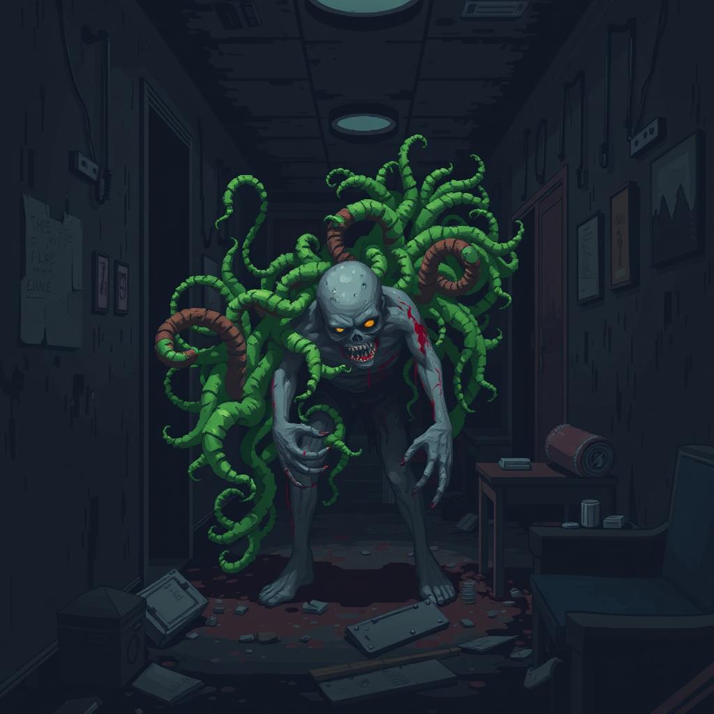 A pixel art horror video game scene featuring an infected zombie camouflaged with plant-like growths in a dark, filthy hotel hallway