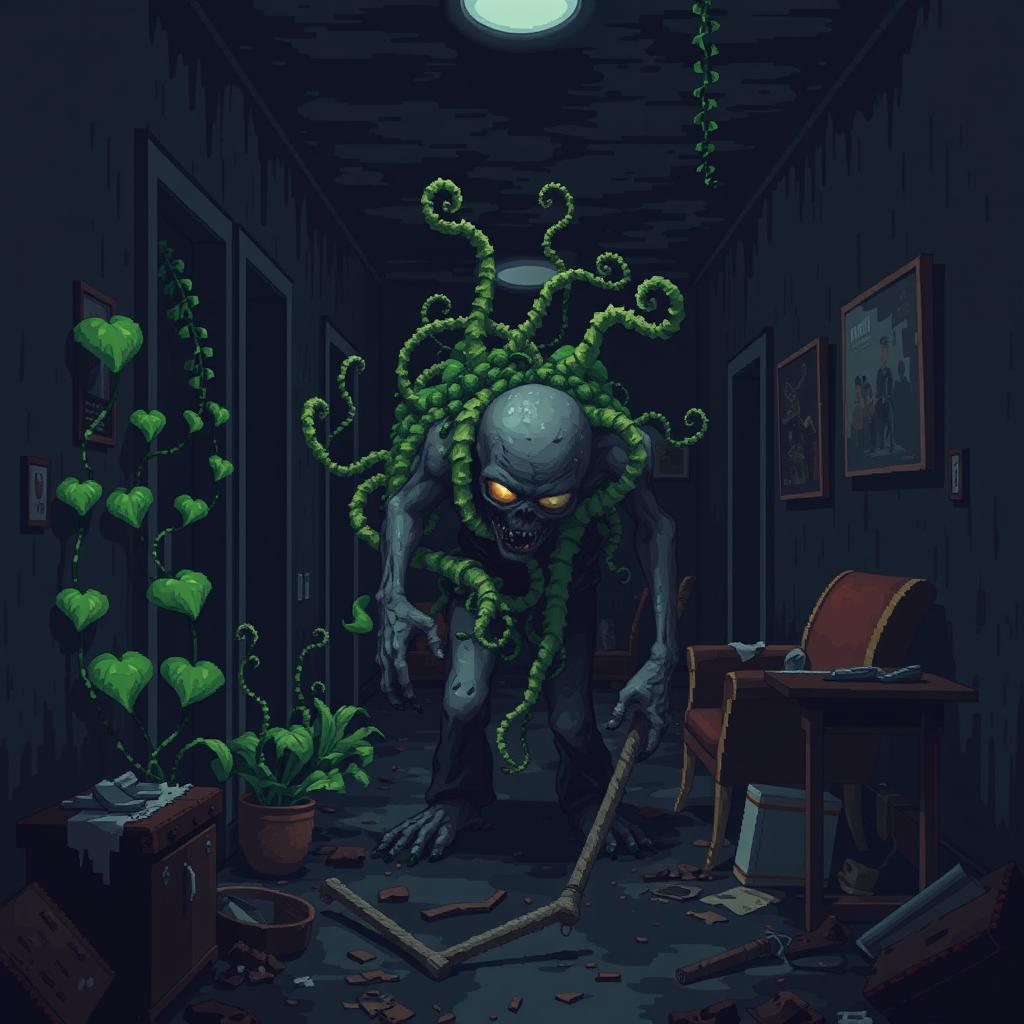 A pixel art horror video game scene featuring an infected zombie camouflaged with plant-like growths in a dark, filthy hotel hallway