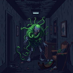 A pixel art horror video game scene featuring an infected zombie camouflaged with plant-like growths in a dark, filthy hotel hallway