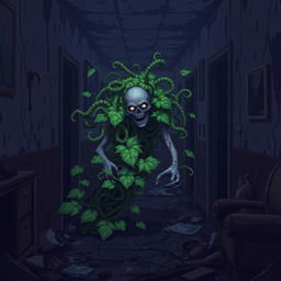 A pixel art horror video game scene featuring an infected zombie camouflaged with plant-like growths in a dark, filthy hotel hallway