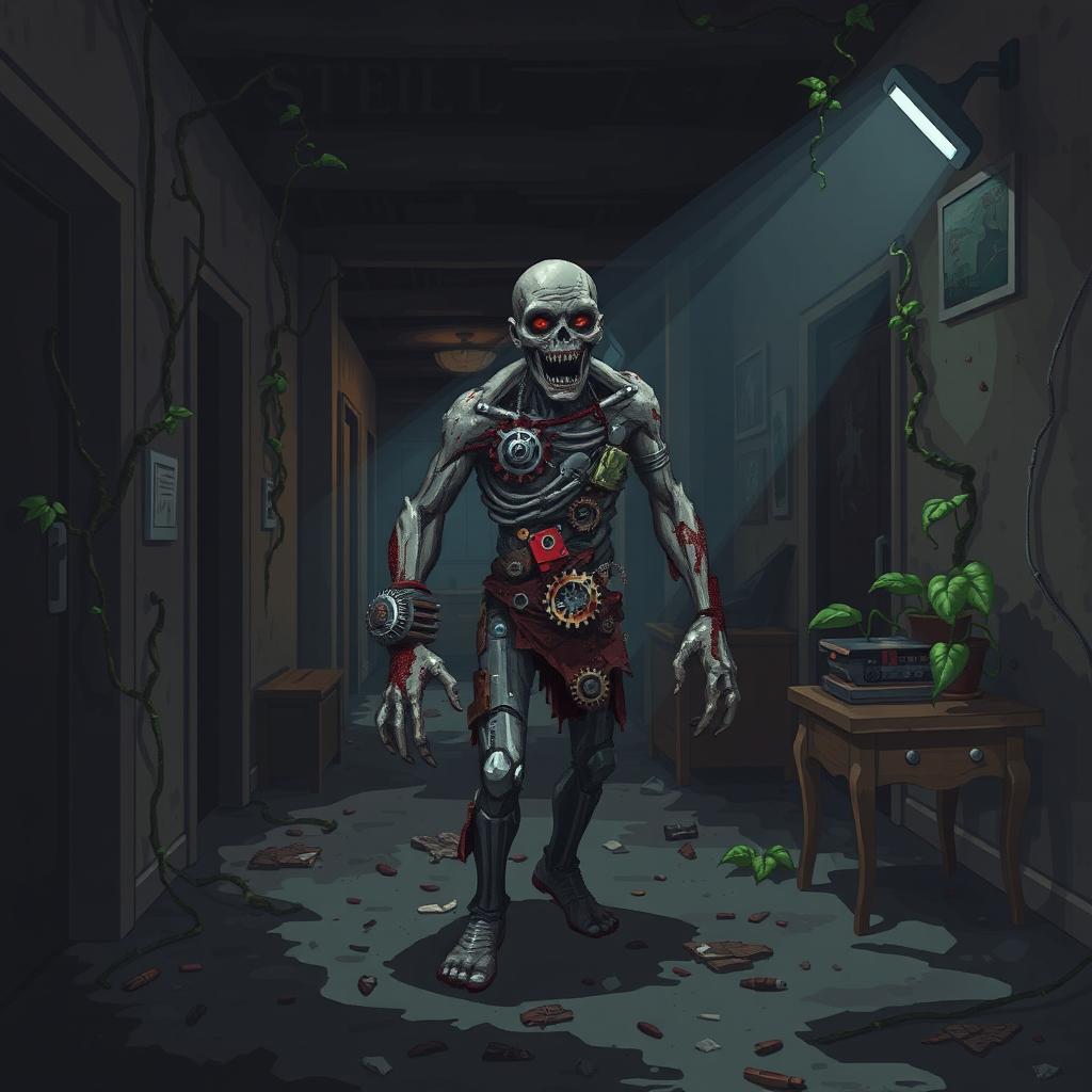 A pixel art horror video game scene featuring a terrifying zombie with metallic parts integrated into its decaying body, standing in a dark, filthy hotel hallway