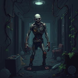 A pixel art horror video game scene featuring a terrifying zombie with metallic parts integrated into its decaying body, standing in a dark, filthy hotel hallway