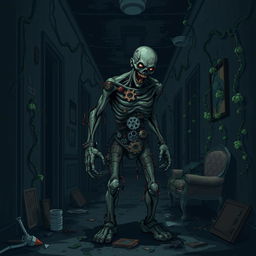 A pixel art horror video game scene featuring a terrifying zombie with metallic parts integrated into its decaying body, standing in a dark, filthy hotel hallway