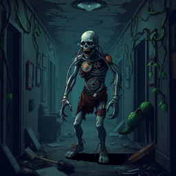 A pixel art horror video game scene featuring a terrifying zombie with metallic parts integrated into its decaying body, standing in a dark, filthy hotel hallway