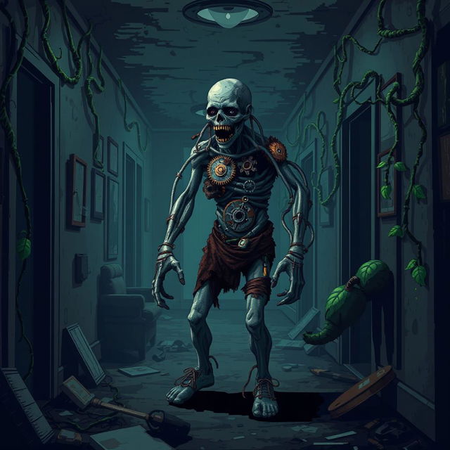 A pixel art horror video game scene featuring a terrifying zombie with metallic parts integrated into its decaying body, standing in a dark, filthy hotel hallway