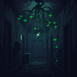 A pixel art horror video game scene depicting a dark and filthy hotel hallway, with living vines hanging ominously from the ceiling