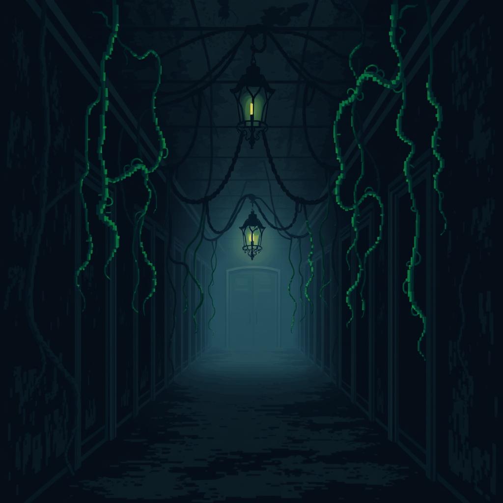 A pixel art horror video game scene depicting a dark and filthy hotel hallway, with living vines hanging ominously from the ceiling