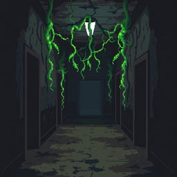 A pixel art horror video game scene depicting a dark and filthy hotel hallway, with living vines hanging ominously from the ceiling
