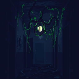 A pixel art horror video game scene depicting a dark and filthy hotel hallway, with living vines hanging ominously from the ceiling