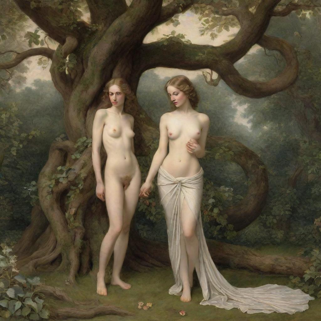 Adam and Eve in an idyllic garden under a majestic tree with a serpent wrapped around its branch. Both individuals are clothed in light, ethereal fabric, and shown at the moment of their creation, filled with curiosity and wonder.